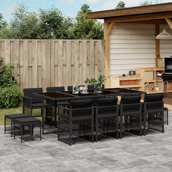 vidaXL 13 Piece Garden Dining Set with Cushions Black Poly Rattan