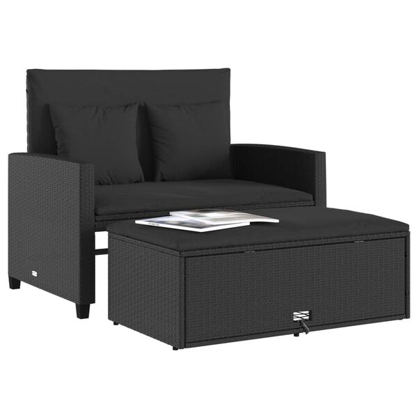 vidaXL Garden Sofa with Cushions 2-Seater Black Poly Rattan