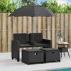 vidaXL Garden Sofa 2-Seater with Parasol and Stools Black Poly Rattan