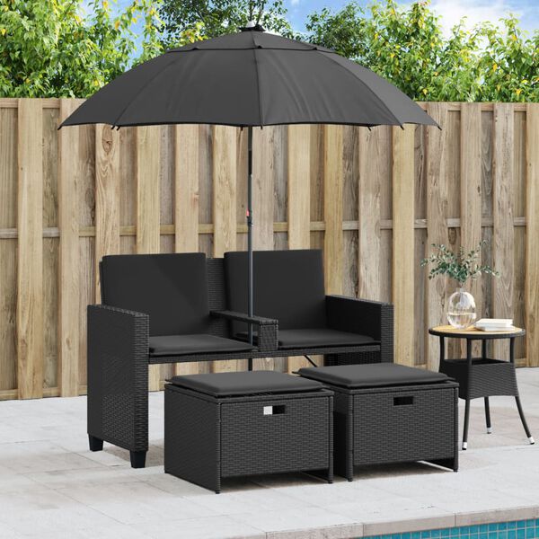 vidaXL Garden Sofa 2-Seater with Parasol and Stools Black Poly Rattan
