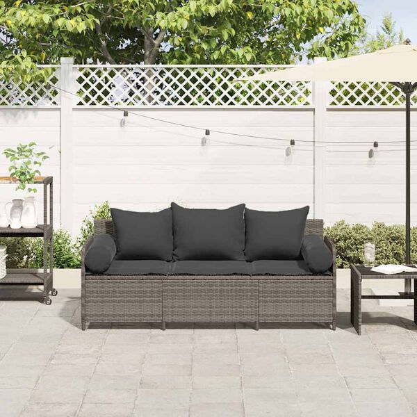 vidaXL Garden Sofa with Cushions 3-Seater Grey Poly Rattan