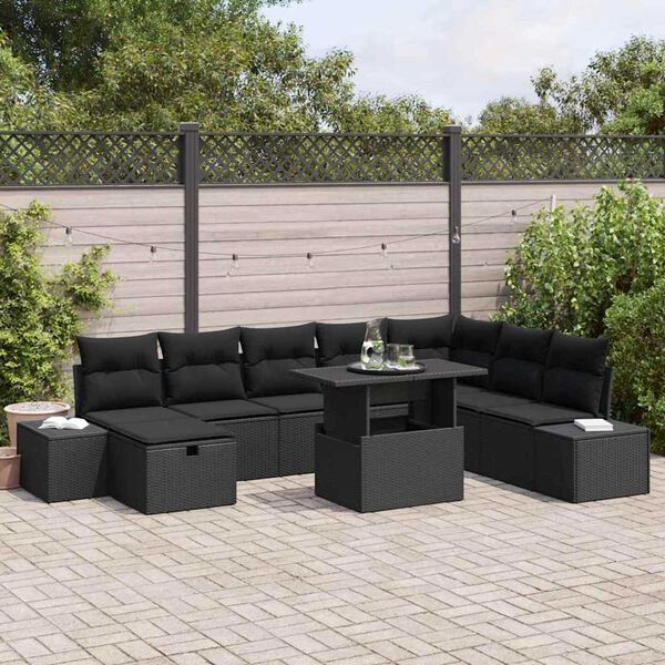 vidaXL Garden Sofa Set Height-Adjustable 9 pcs Black Poly Rattan