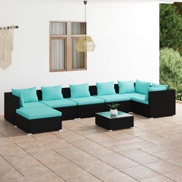 vidaXL 8 Piece Garden Lounge Set with Cushions Poly Rattan Black