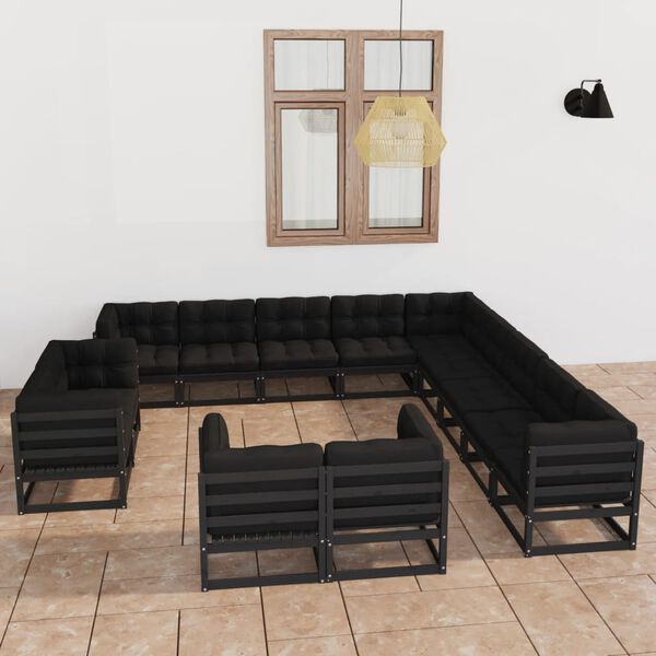 vidaXL 13 Piece Garden Lounge Set with Cushions Black Solid Pinewood