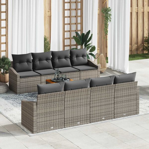 vidaXL Garden Sofa Set with Cushion 9 pcs Grey Poly Rattan