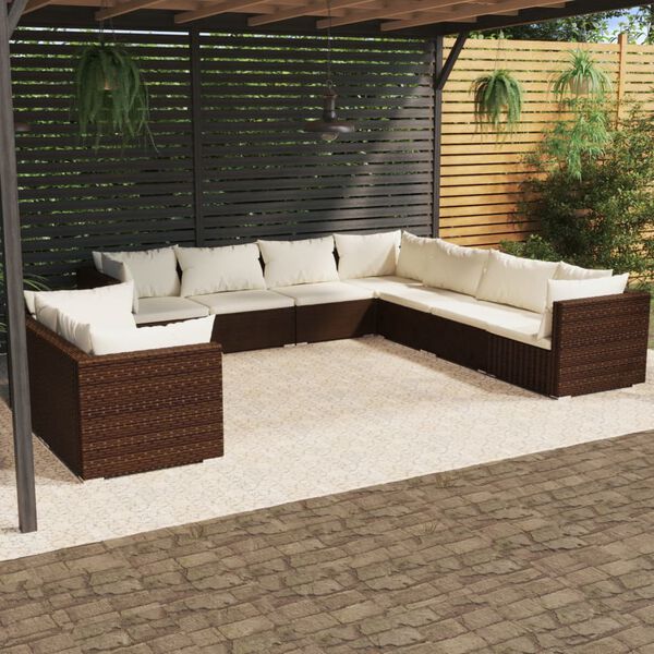 vidaXL 9 Piece Garden Lounge Set with Cushions Brown Poly Rattan