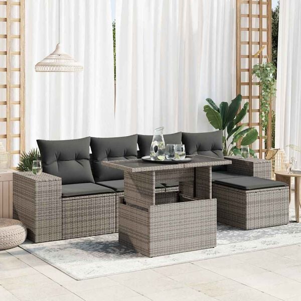 vidaXL 6 Piece Garden Sofa Set with Cushions Grey Poly Rattan