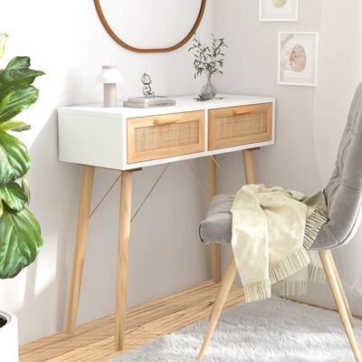 vidaXL Console Table White 80x30x75 cm Solid Wood Pine&Natural Rattan