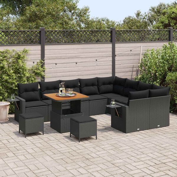 vidaXL Garden Sofa Set with Cushion 12 pcs Black Poly Rattan