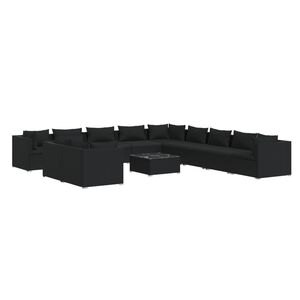 vidaXL 12 Piece Garden Lounge Set with Cushions Black Poly Rattan