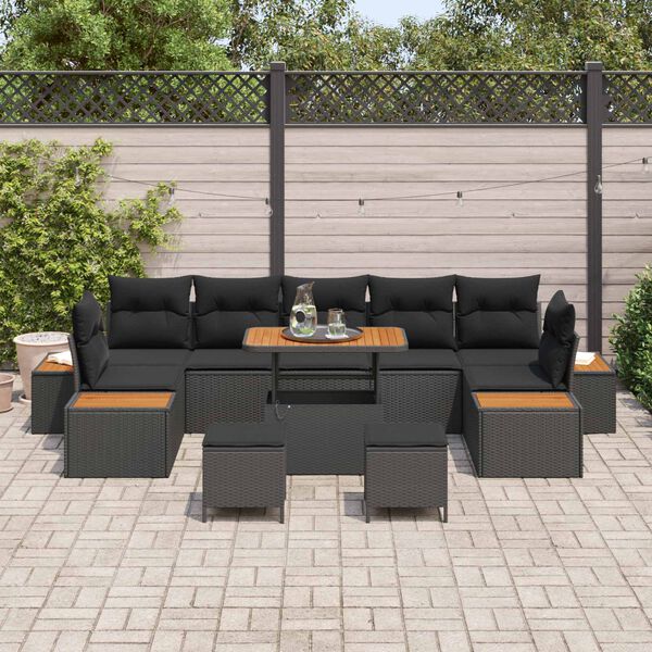 vidaXL Garden Sofa Set with Cushion 10 pcs Black Poly rattan