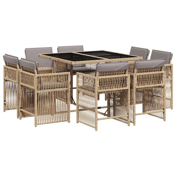 vidaXL 9 Piece Garden Dining Set with Cushions Mix Beige Poly Rattan