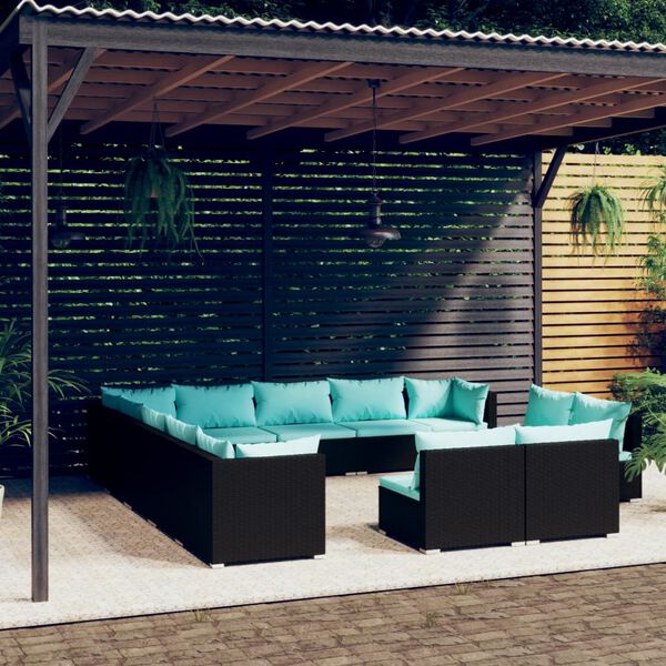 vidaXL 13 Piece Garden Lounge Set with Cushions Black Poly Rattan