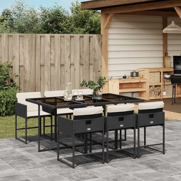 vidaXL 7 Piece Garden Dining Set with Cushions Black Poly Rattan