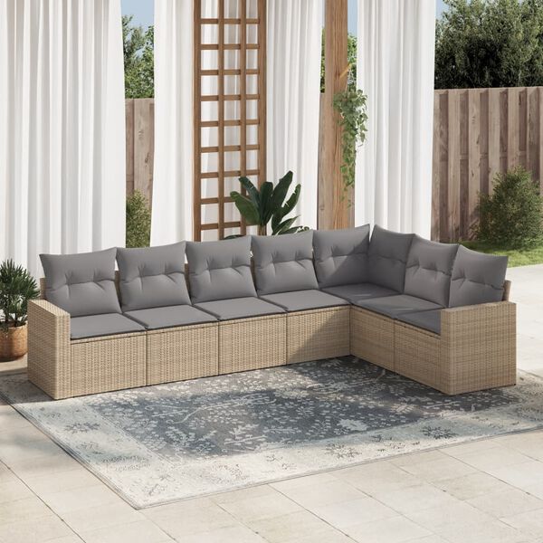 vidaXL 7 Piece Garden Sofa Set with Cushions Beige Poly Rattan