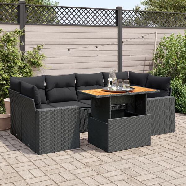 vidaXL 7 Piece Garden Sofa Set with Cushions Black Poly Rattan