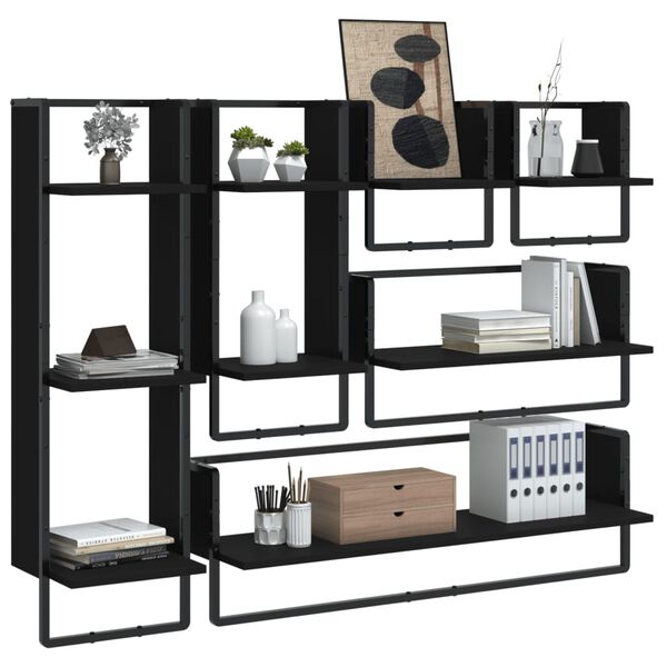 vidaXL 6 Piece Wall Shelf Set with Bars Black Engineered Wood