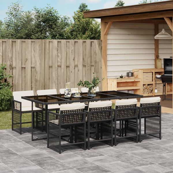 vidaXL 9 Piece Garden Dining Set with Cushions Black Poly Rattan