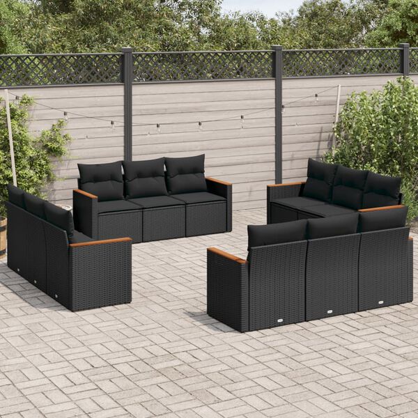 vidaXL 12 Piece Garden Sofa Set with Cushions Black Poly Rattan