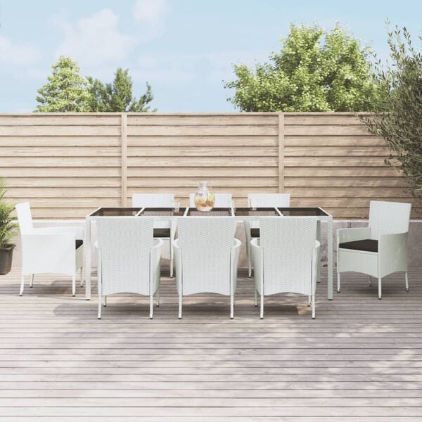 vidaXL 9 Piece Garden Dining Set with Cushions White Poly Rattan