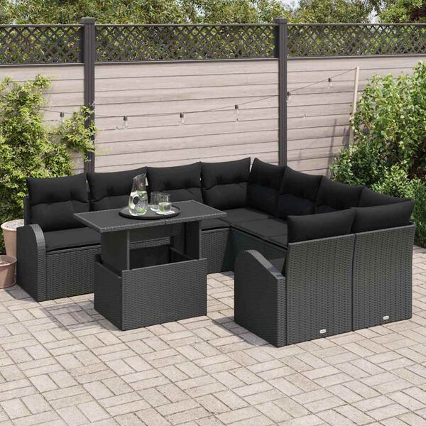 vidaXL Garden Sofa Set with Storage 9 pcs Black Poly Rattan