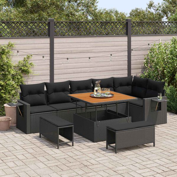 vidaXL Garden Sofa Set Height-Adjustable 9 pcs Black Poly Rattan