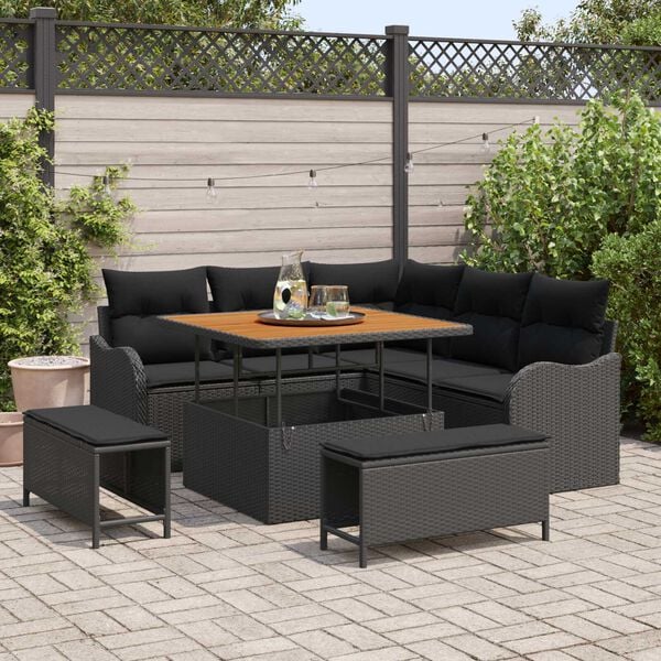 vidaXL Garden Sofa Set with Cushion 8 pcs Black Poly Rattan