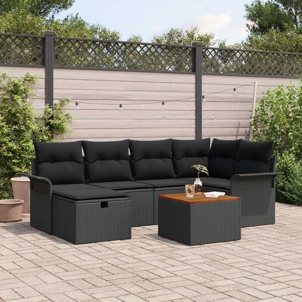vidaXL Garden Sofa Set with Cushion 7 pcs Black Poly rattan