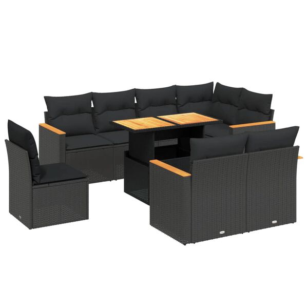 vidaXL 9 Piece Garden Sofa Set with Cushions Black Poly Rattan