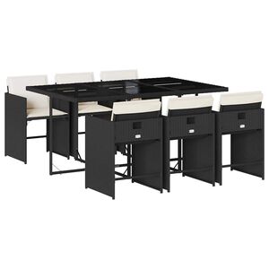 vidaXL 7 Piece Garden Dining Set with Cushions Black Poly Rattan