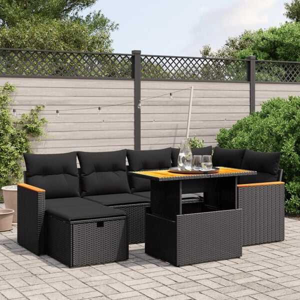 vidaXL 7 Piece Garden Sofa Set with Cushions Black Poly Rattan
