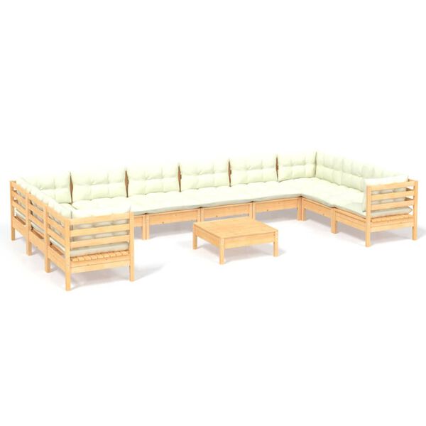 vidaXL 11 Piece Garden Lounge Set with Cream Cushions Pinewood