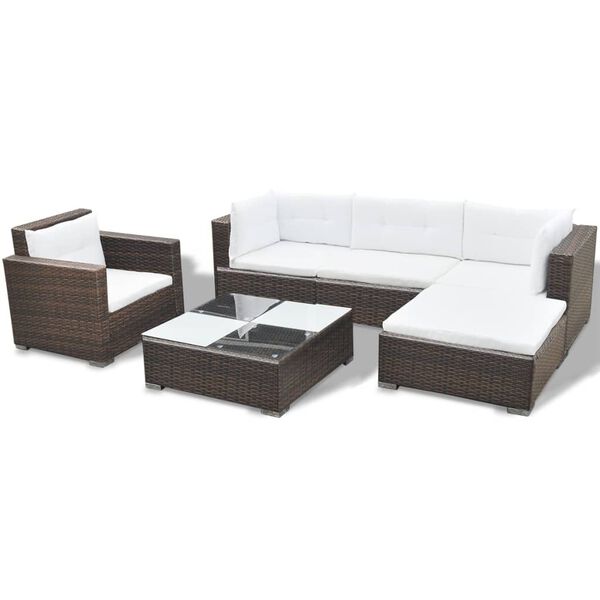 vidaXL 6 Piece Garden Lounge Set with Cushions Poly Rattan Brown