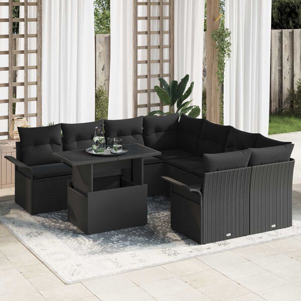 vidaXL Garden Sofa Set with Cushion 9 pcs Black Poly Rattan