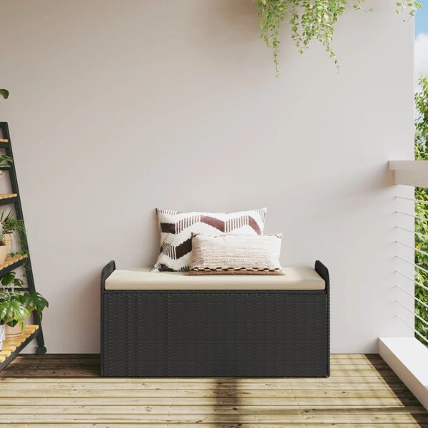 vidaXL Storage Bench with Cushion Black 115x51x52 cm Poly Rattan