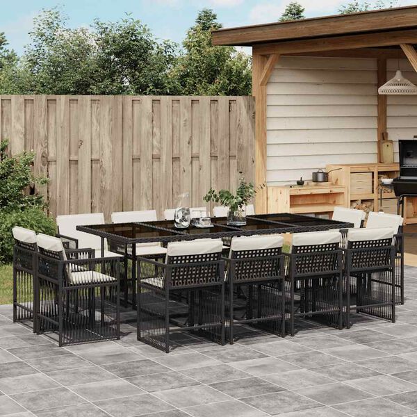 vidaXL 13 Piece Garden Dining Set with Cushions Black Poly Rattan