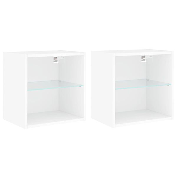 vidaXL Bedside Cabinets with LED Lights Wall-mounted 2 pcs White