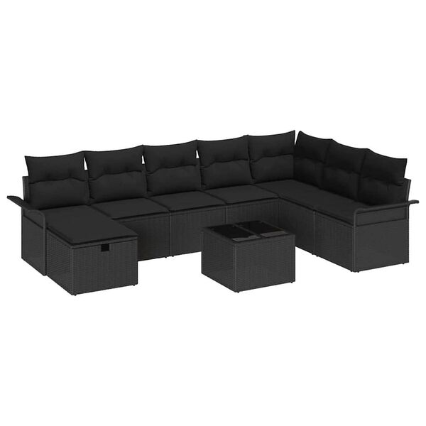 vidaXL Garden Sofa Set with Cushion 9 pcs Black Poly rattan