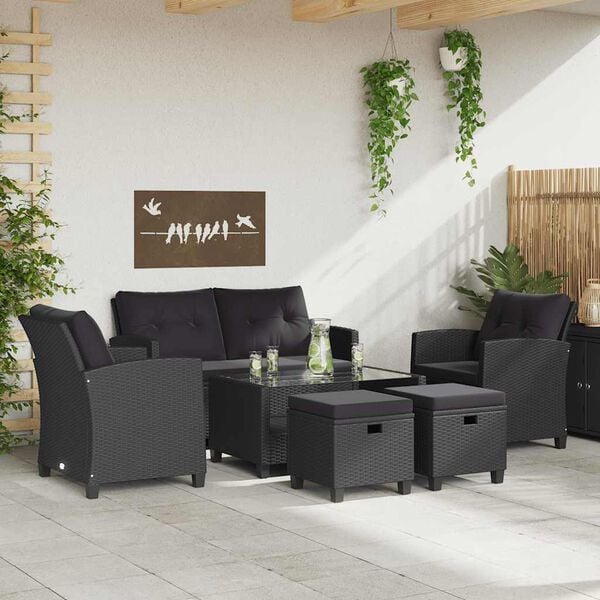 vidaXL 6 Piece Garden Sofa Set with Cushions Poly Rattan Black