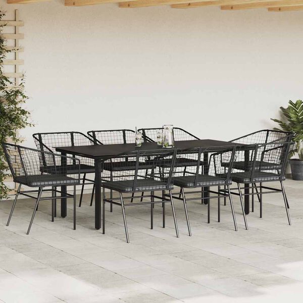 vidaXL 9 Piece Garden Dining Set with Cushions Black Poly Rattan Glass
