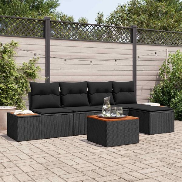 vidaXL Garden Sofa Set with Cushion 6 pcs Black Poly Rattan