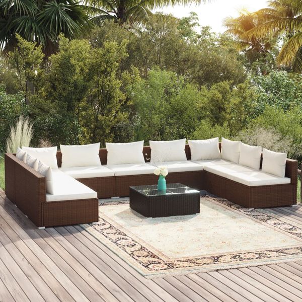 vidaXL 10 Piece Garden Lounge Set with Cushions Poly Rattan Brown