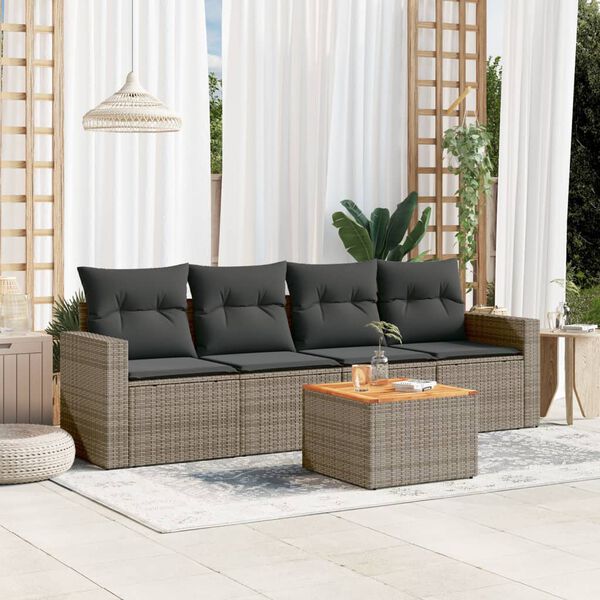 vidaXL 5 Piece Garden Sofa Set with Cushions Grey Poly Rattan