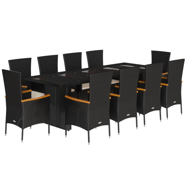 vidaXL 11 Piece Garden Dining Set with Cushions Black Poly Rattan