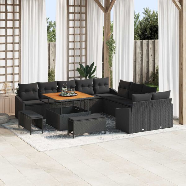 vidaXL Garden Sofa Set with Cushion 13 pcs Black Poly Rattan