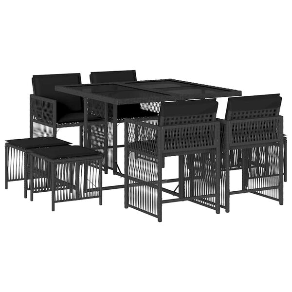 vidaXL 9 Piece Garden Dining Set with Cushions Black Poly Rattan