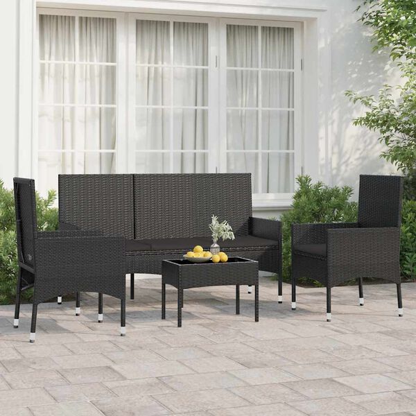 vidaXL 4 Piece Garden Lounge Set with Cushions Black Poly Rattan