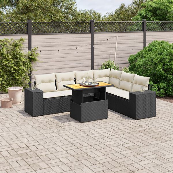 vidaXL 7 Piece Garden Sofa Set with Cushions Black Poly Rattan