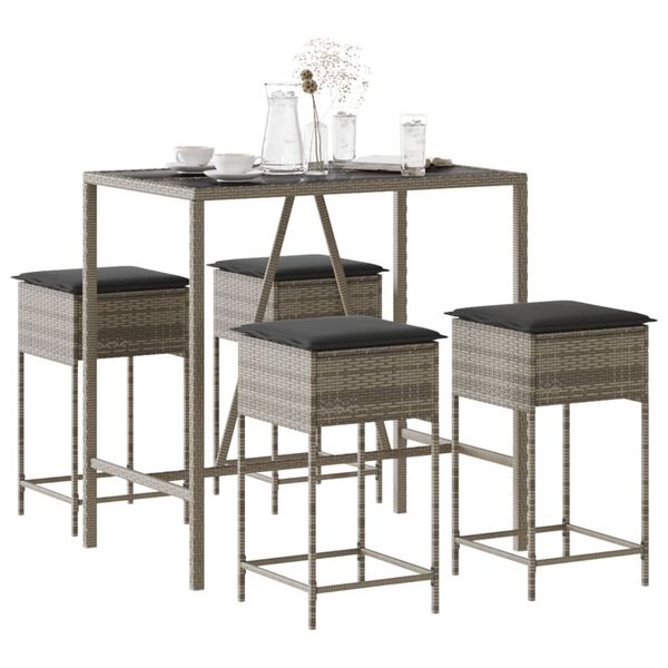 vidaXL 5 Piece Garden Bar Set with Cushions Grey Poly Rattan