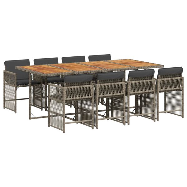 vidaXL 9 Piece Garden Dining Set with Cushions Grey Poly Rattan